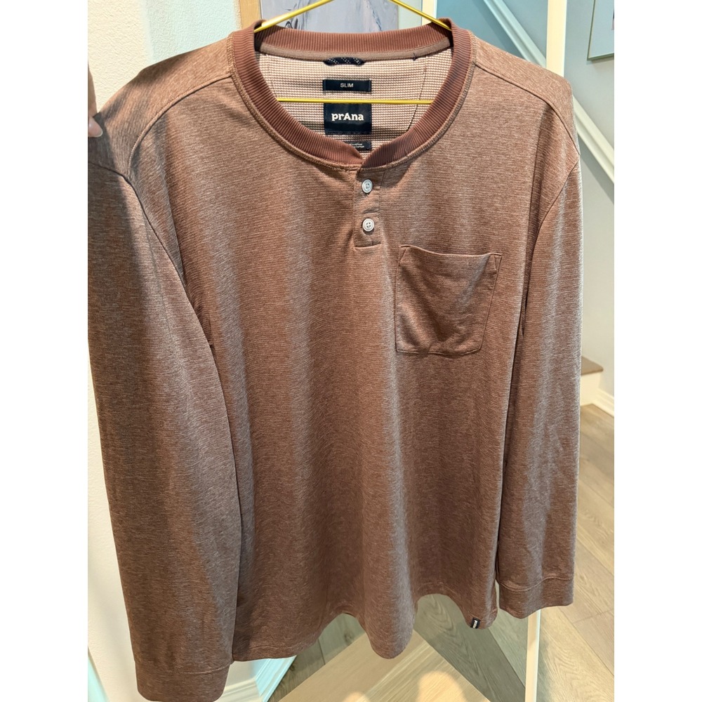 Prana Mens Slim Fit Henley Shirt Brown Long Sleeve Recycled Polyester XL/XXL